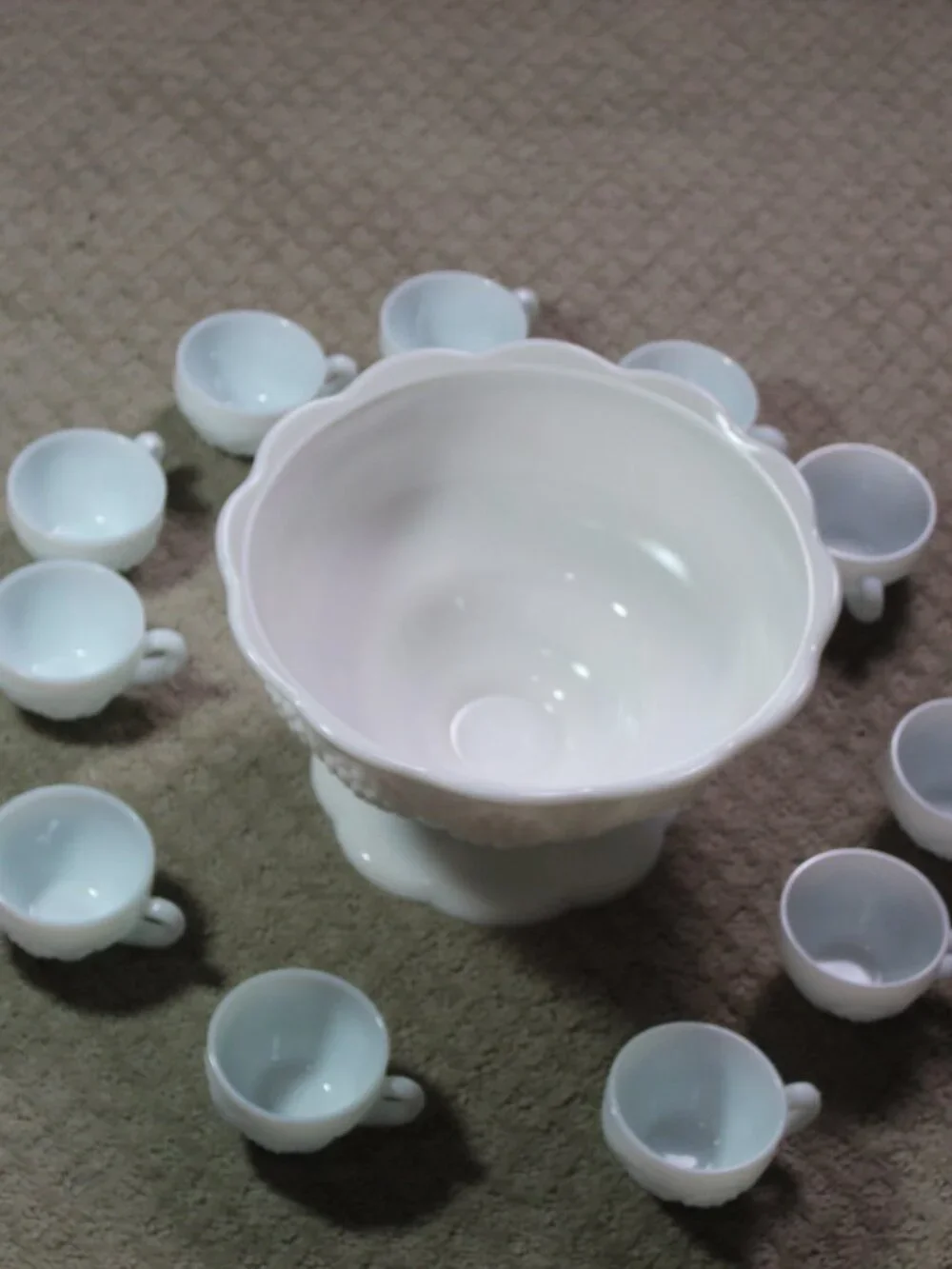Vtg Anchor Hocking White Milk Glass Grapevine Punch Bowl Set w Base & 11 Cups